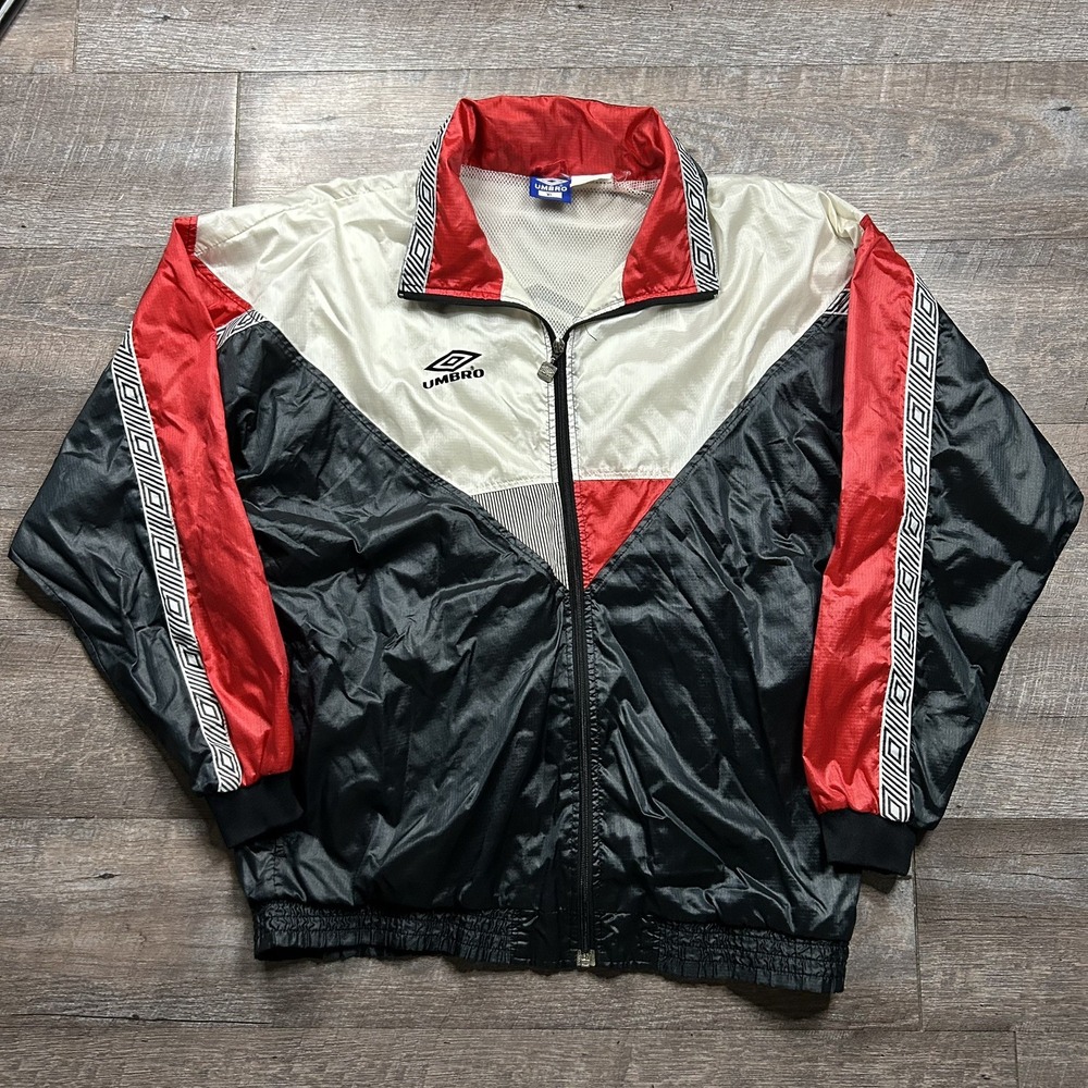 Vintage 90s Umbro Windbreaker Jacket XL Korea Black Red White Big Logo Soccer